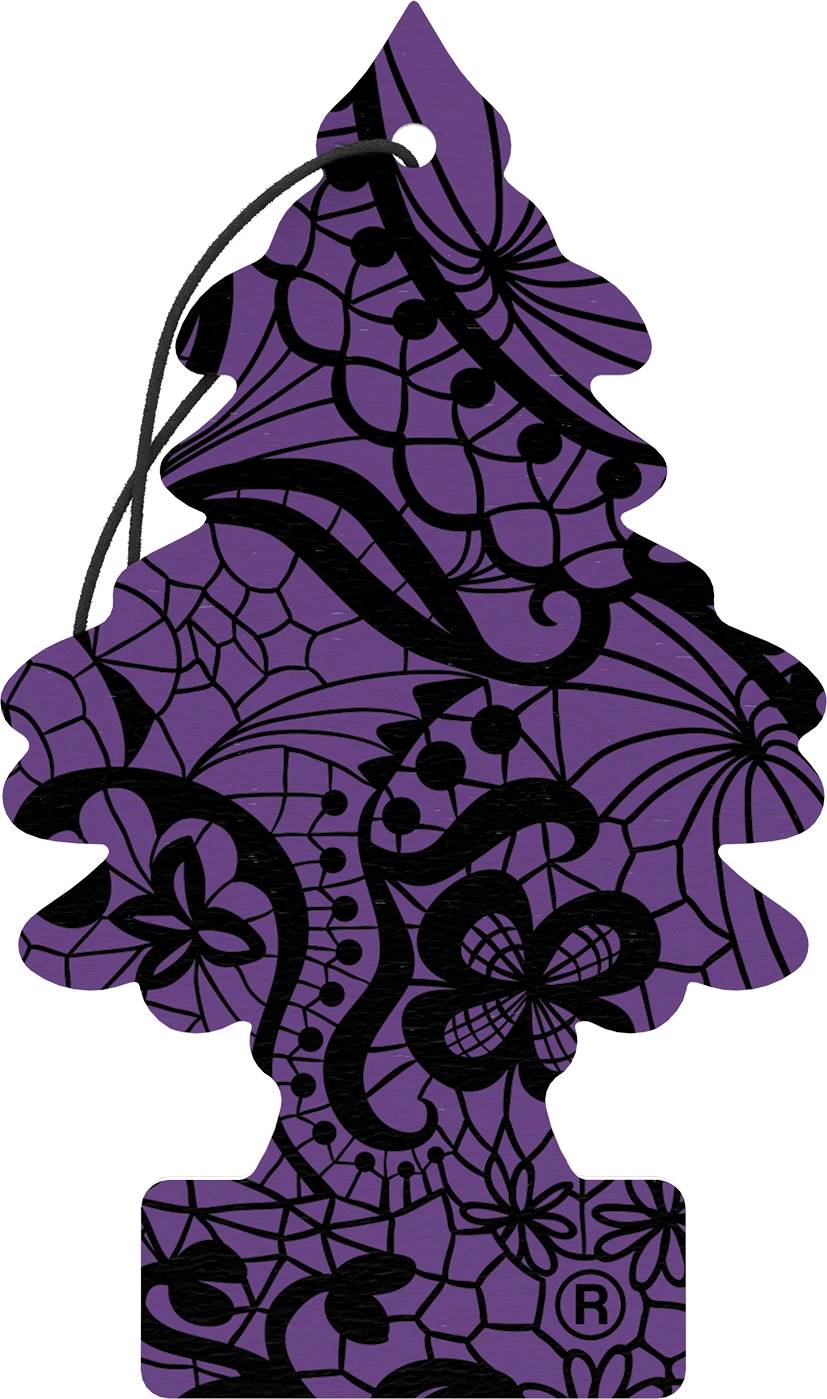 Purple tree-shaped air freshener with black floral patterns.