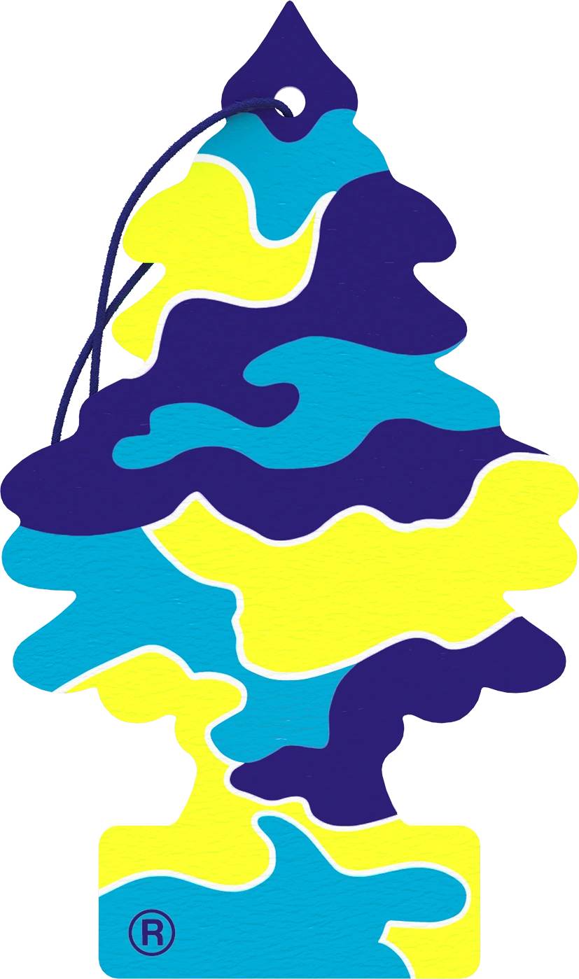 Brightly colored abstract shape with blue, yellow, and purple hues.