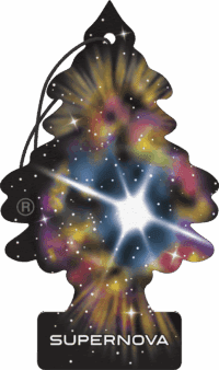Tree-shaped air freshener with bright supernova explosion design.