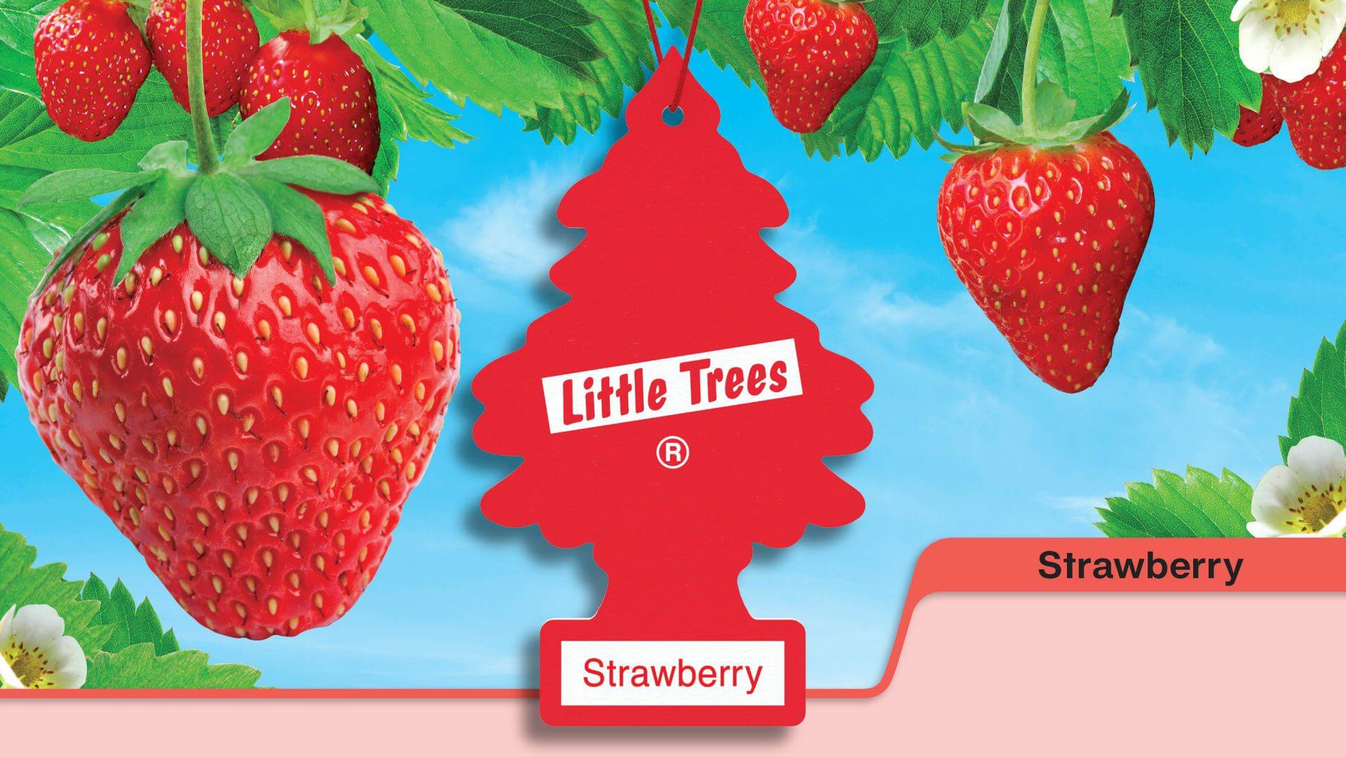 Strawberry-scented Little Trees air freshener with large strawberries in the background.